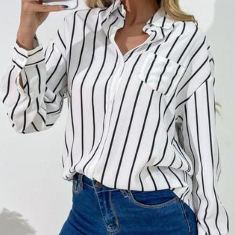 Pleione White Button-Down Shirt with Black Vertical Stripes